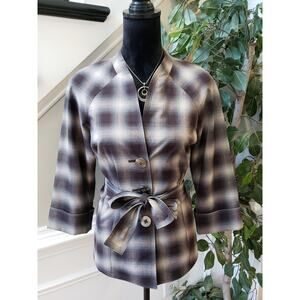 Signature by Larry Levine Jacket Womens Small Purple Plaid 3/4 Sleeve Tie Belted